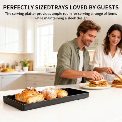 Plastic Serving Tray for Party Supplies Serving Platter for Food Reusable Platters for Catering Snack Fruit Charcuterie Appetizer Hosting Essentials (4pcs Black, 13 × 4.7 in)