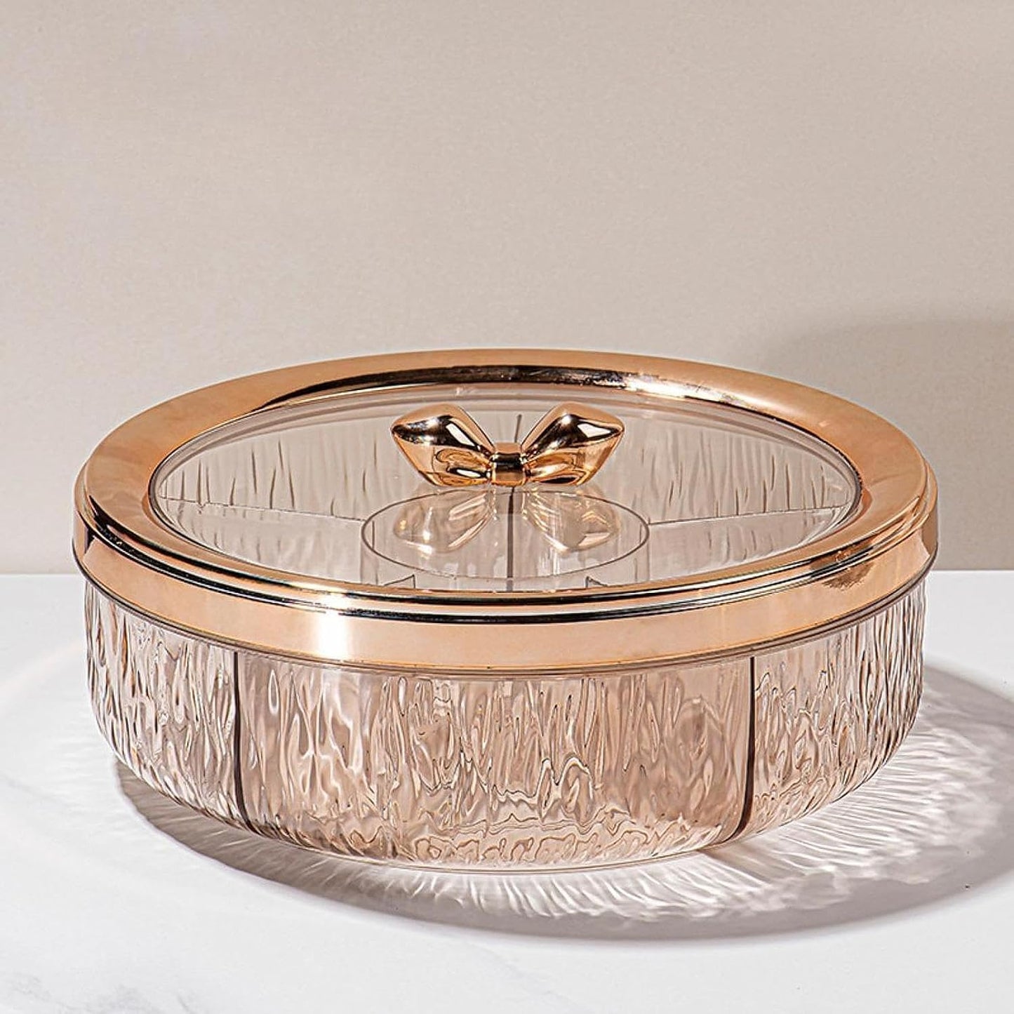 Amagogo Divided Serving Tray with Transparent Lid Snack Tray Rotatable Base Appetizer Platter with 6 Compartments Dessert Dish Suitable for Gift Giving Home D, Golden Bow