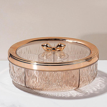 Amagogo Divided Serving Tray with Transparent Lid Snack Tray Rotatable Base Appetizer Platter with 6 Compartments Dessert Dish Suitable for Gift Giving Home D, Golden Bow