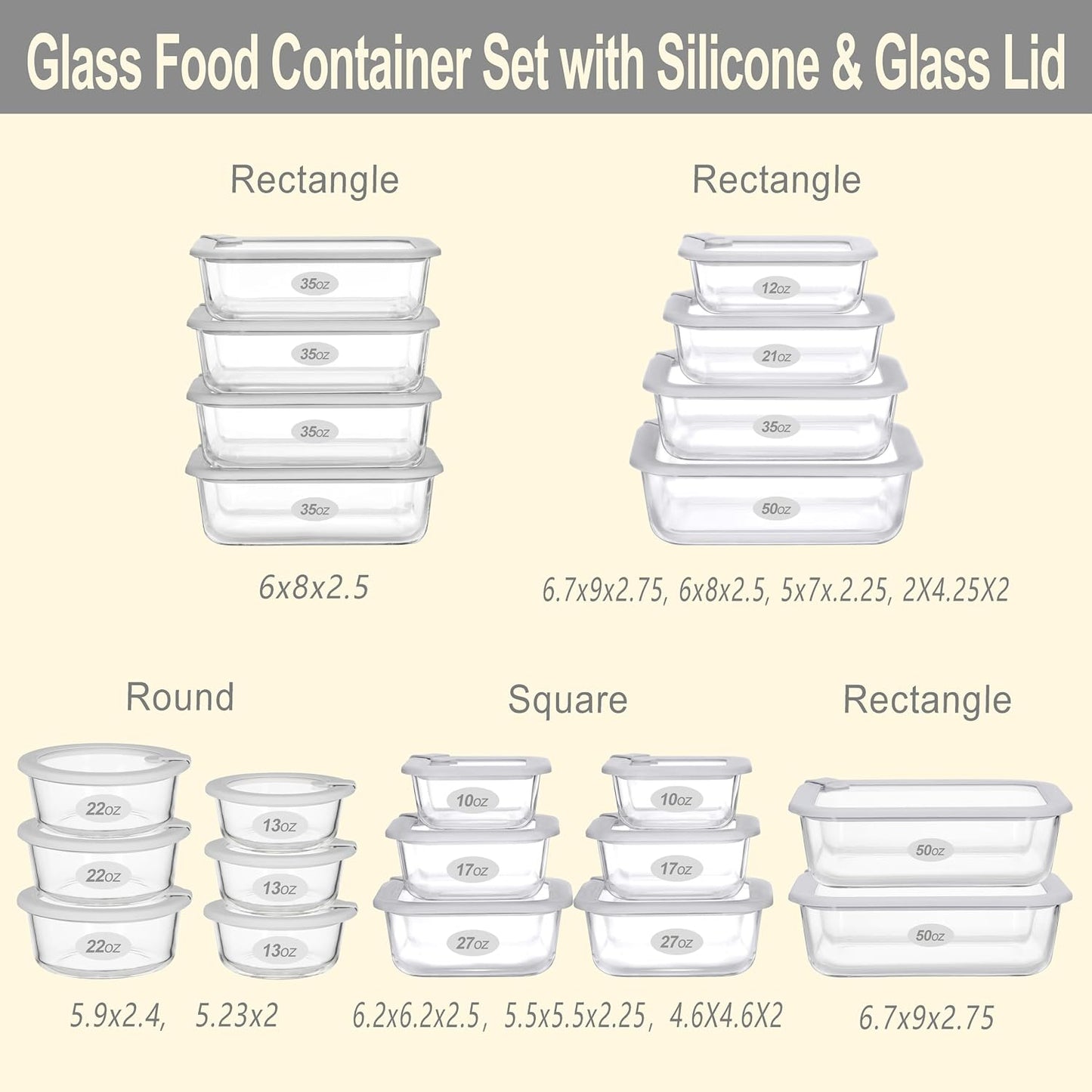 Glass Food Containers with Glass Lid, Microwave Safe Food Storage Container Set, 4 Pack of 35oz, Large Size Airtight Storage Set with Leak Proof Lids, Meal Prep Containers