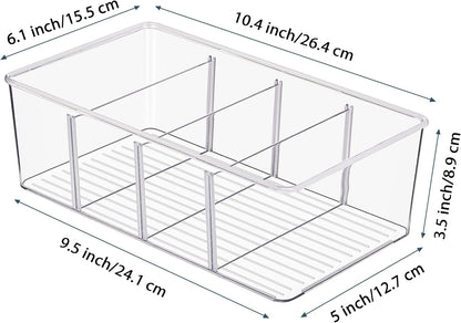 Vtopmart 6 Pack Food Storage Organizer Bins, Clear Plastic Bins for Pantry, Kitchen, Fridge, Cabinet Organization and Storage, 4 Compartment Holder Packets, Snacks, Pouches, Spice Packets
