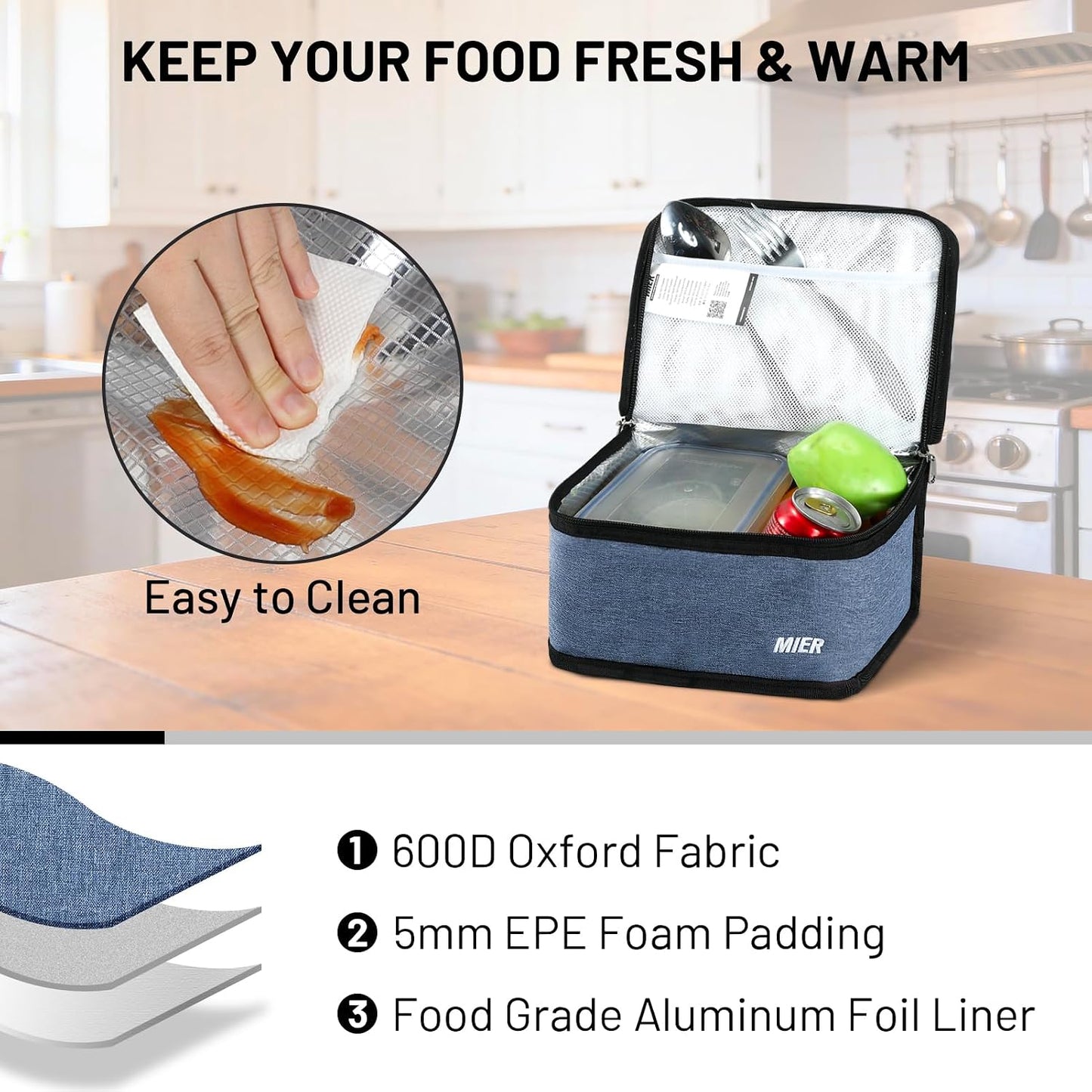 MIER Small Lunch Bag for Kids & Adults Compact Insulated Lunch Box Portable Thermal Mini Cooler for Work School Travel, Bluesteel