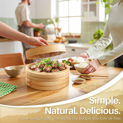 Flexzion Bamboo Steamer Basket Set (8 inch), 50 x Steamer Liners and 2 Pairs of Chopsticks, Steam Baskets for DimSum Dumplings, Rice, Vegetables, Fish and Meat