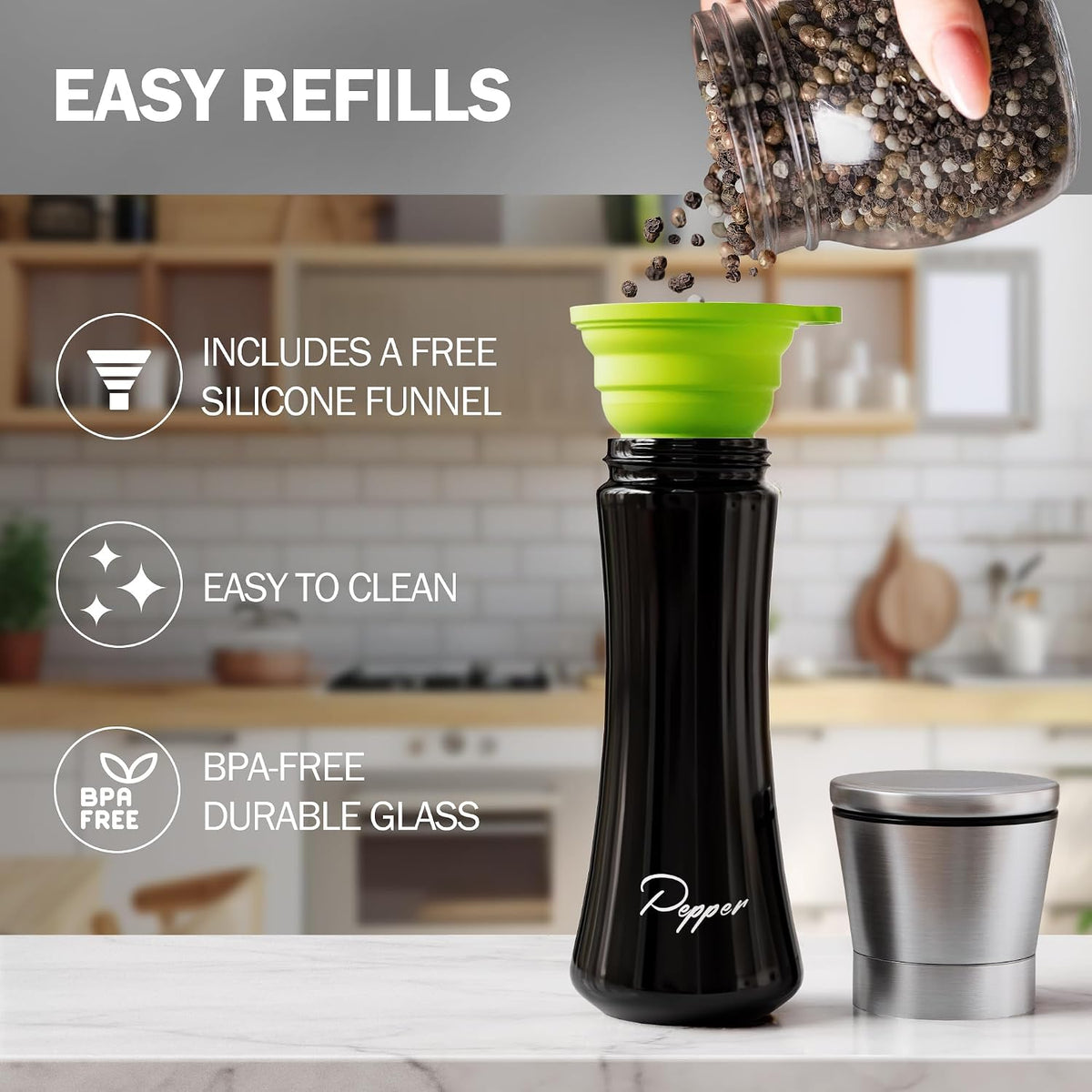 Home EC Premium Stainless Steel Sea Salt and Pepper Grinder Set of 2 - Adjustable Ceramic - Tall Glass Salt and Pepper Shakers - Kitchen Spice Mill W/Funnel & EBook
