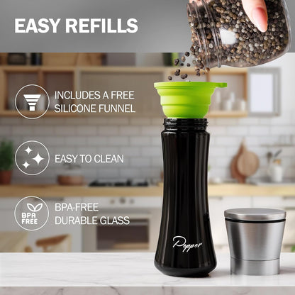 Home EC Premium Stainless Steel Sea Salt and Pepper Grinder Set of 2 - Adjustable Ceramic - Tall Glass Salt and Pepper Shakers - Kitchen Spice Mill W/Funnel & EBook