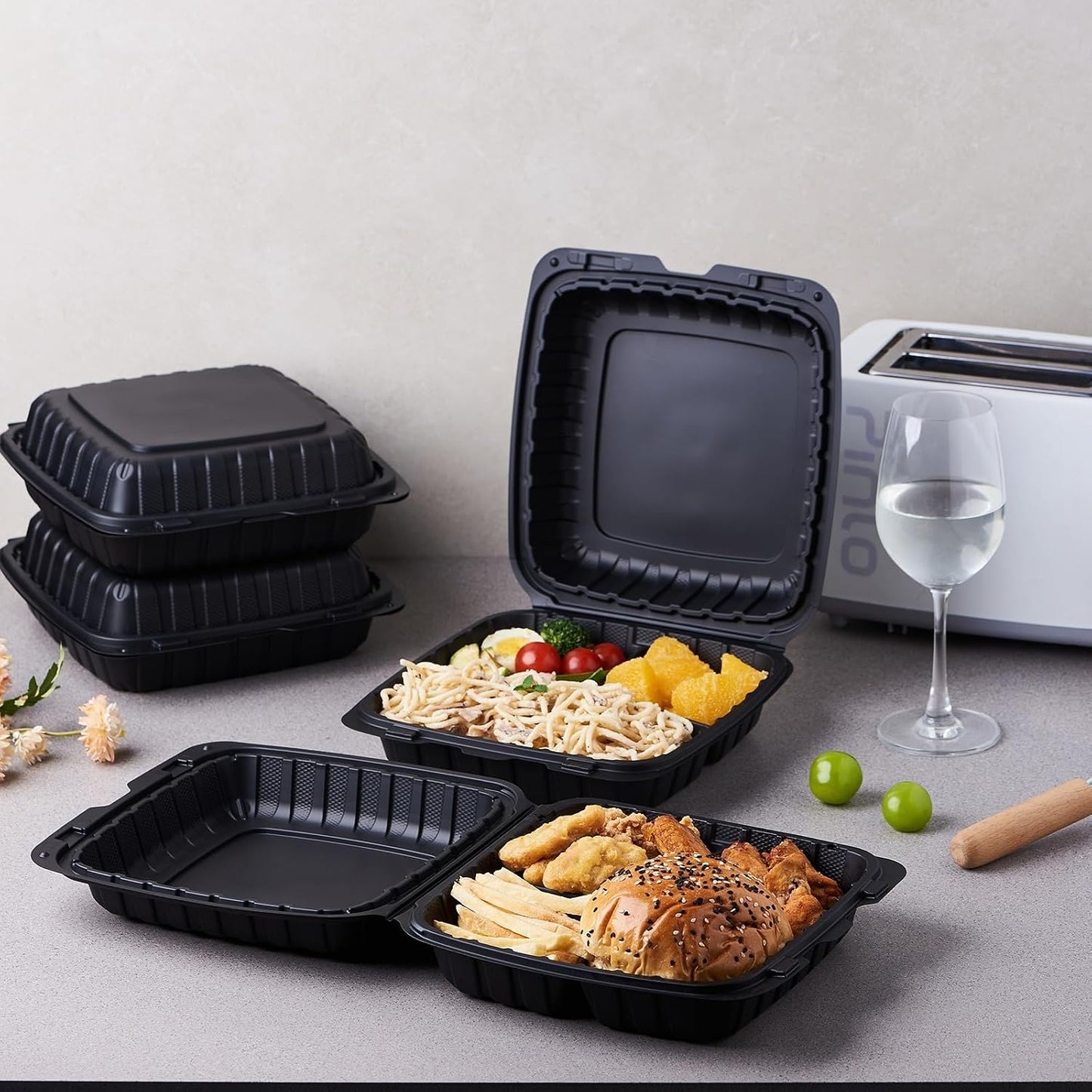 8X8 3-Compartment 50-Pack Plastic Clamshell Takeout Food Trays Heavy Duty Togo Disposable Box Carryout Meal Prep Packaging Catering Hinged Containers With Secure Snap Lid (Formerly FULING)