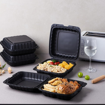 8X8 3-Compartment 50-Pack Plastic Clamshell Takeout Food Trays Heavy Duty Togo Disposable Box Carryout Meal Prep Packaging Catering Hinged Containers With Secure Snap Lid (Formerly FULING)