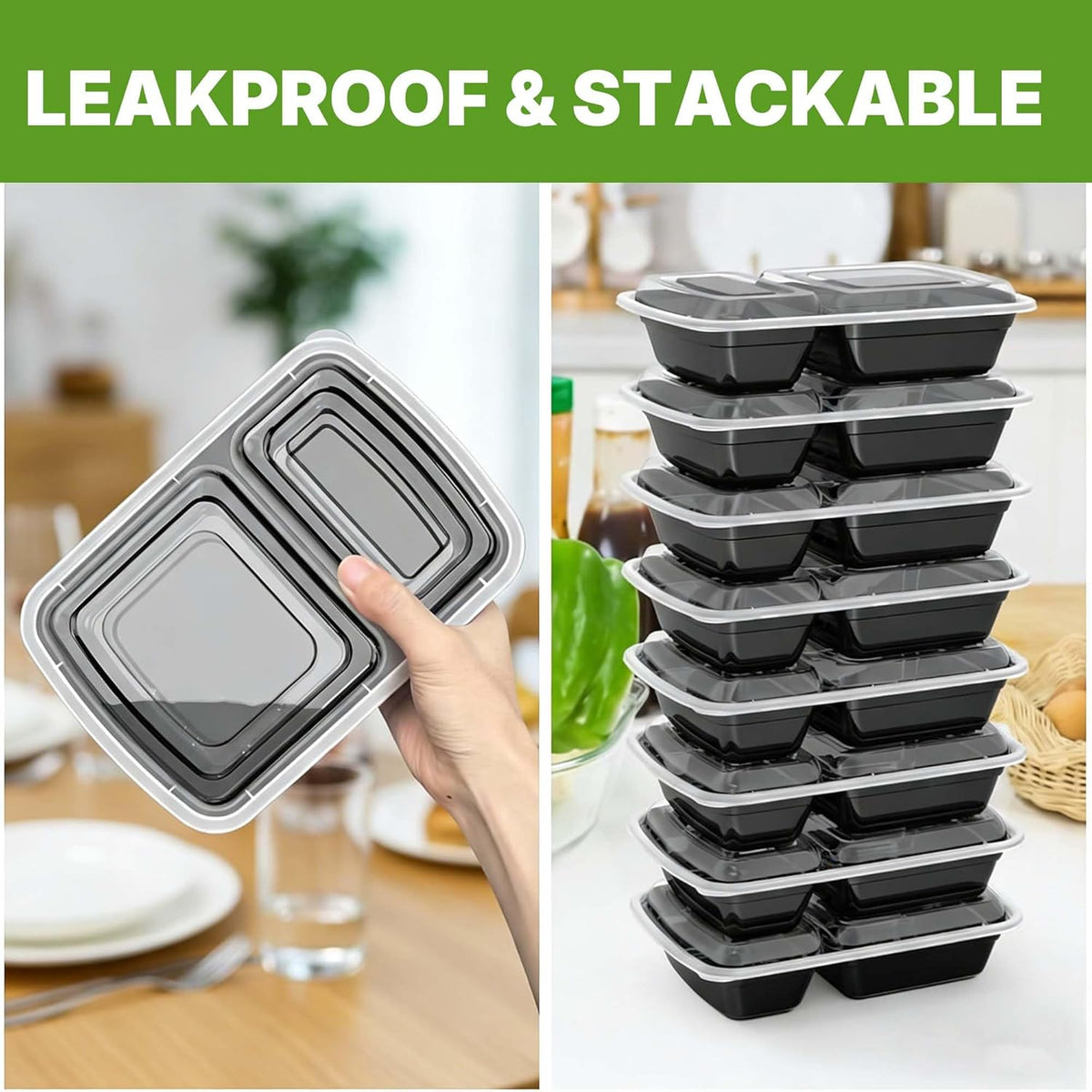 50 Pack (100-Piece) Meal Prep Containers with Lids, Reusable 2-Compartment Food Storage, Sturdy Leakproof, Food Safe, Microwave Freezer Dishwasher Safe, To-Go Takeout Plastic Containers – 60828