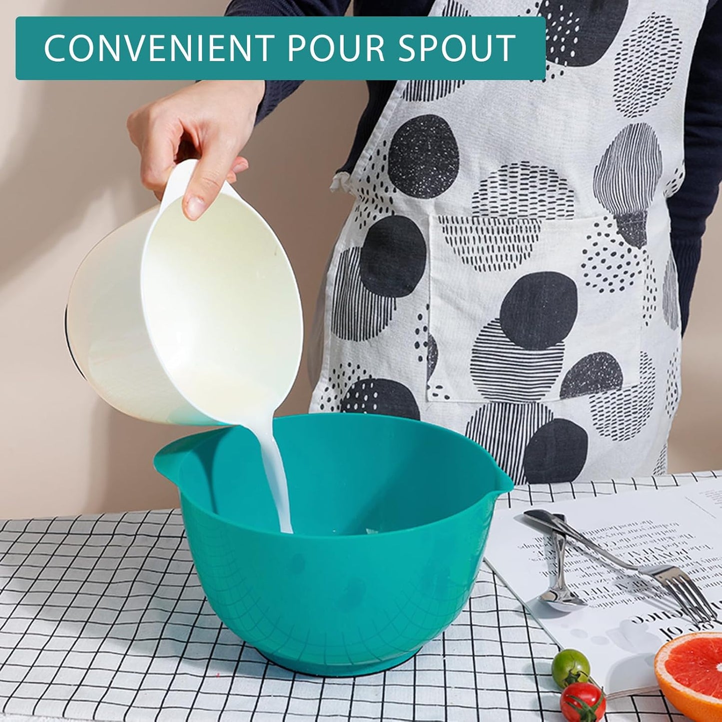 BoxedHome 4.5 Quart Large Plastic Mixing Bowls, Microwave Safe Mixing Bowl Set with Pour Spout, Nesting Bowls for Space Saving Storage(Violet Blue)