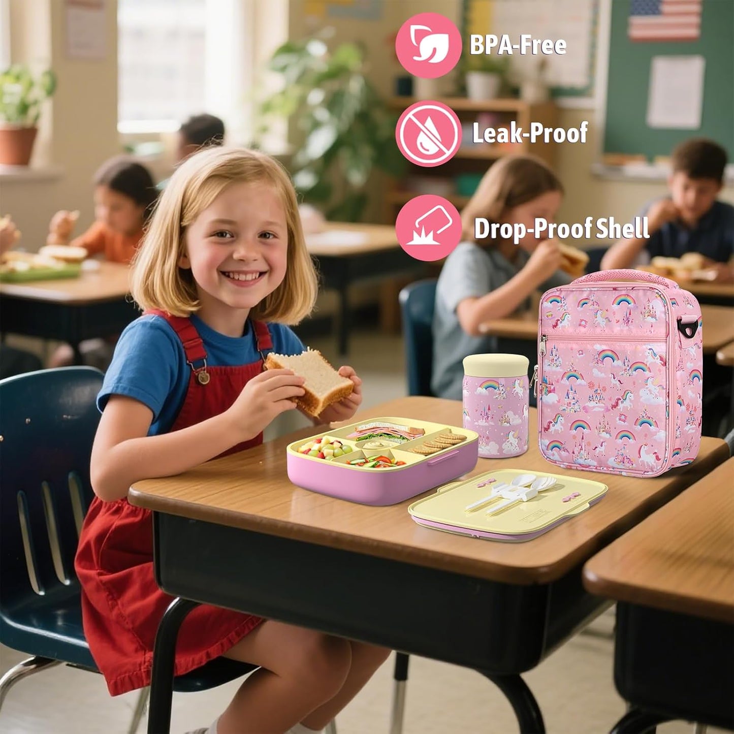 Kids Bento Lunch Box with Thermo Leak-Proof Snack Lunch Containers with Insulated Lunch Bag Utensils Set Back to School Supplies Gifts for Boys and Girls Toddlers Kindergarten Lunch Accessories Blue