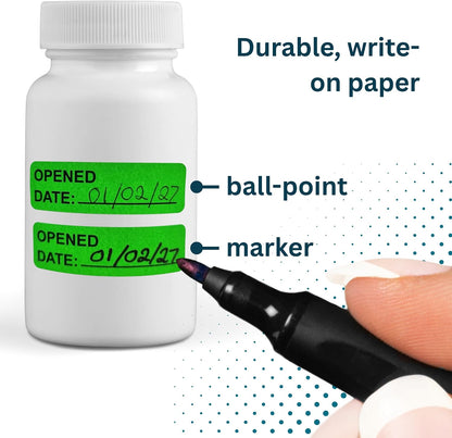 Opened Date Labels for Medical, Food & Lab Use - 800 Fluoro Green Write-on Small Stickers (12mm x 40mm / 0.5" x 1.5") in Dispense Box. Strong Latex-Free Adhesive & Indirect Food/Medical Safe Ink