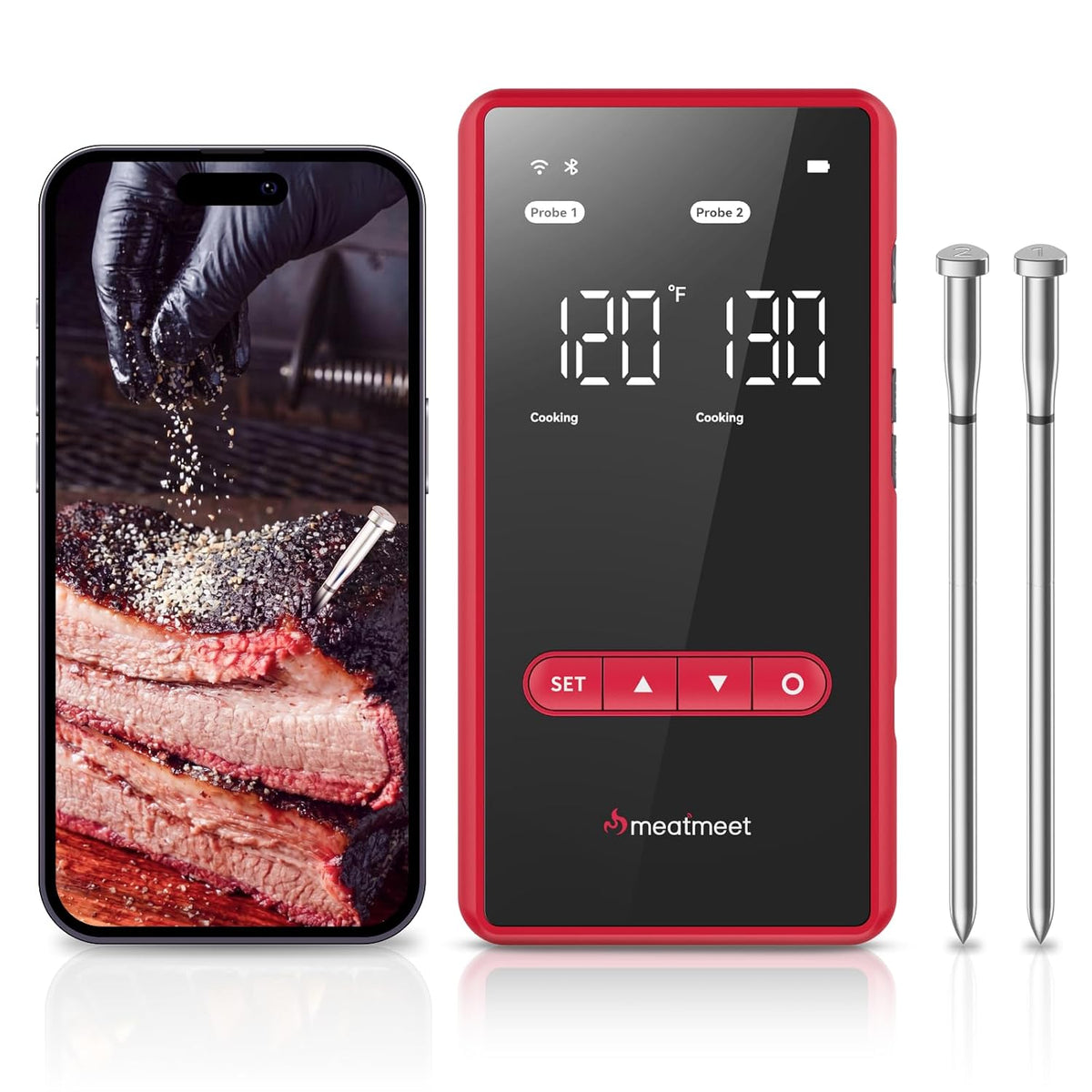 Wireless Meat Thermometer, WiFi & Bluetooth, Smart Base, 2 Probes