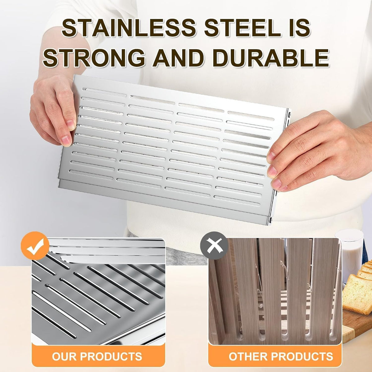 Stainless Steel Bread Slicer, Adjustable Width 5.5-8.3 Inches for Homemade Bread Sourdough Bagels Cakes, Foldable Compact Design, 0.5 Inch Even Slices
