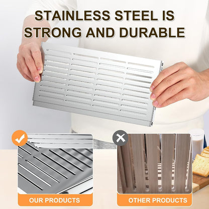 Stainless Steel Bread Slicer, Adjustable Width 5.5-8.3 Inches for Homemade Bread Sourdough Bagels Cakes, Foldable Compact Design, 0.5 Inch Even Slices