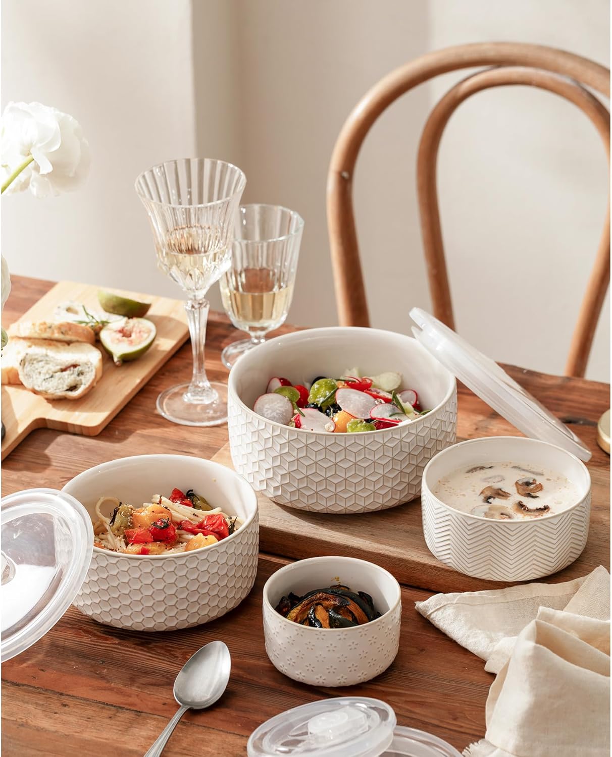 Mixing Bowls with Lids Set of 4, Ceramic Nesting Bowls, Embossed Mixing Bowl Set for Food Storage, Prep Bowl, Gift, Microwave and Dishwasher Safe, 10/18/33/50 OZ, Off-White