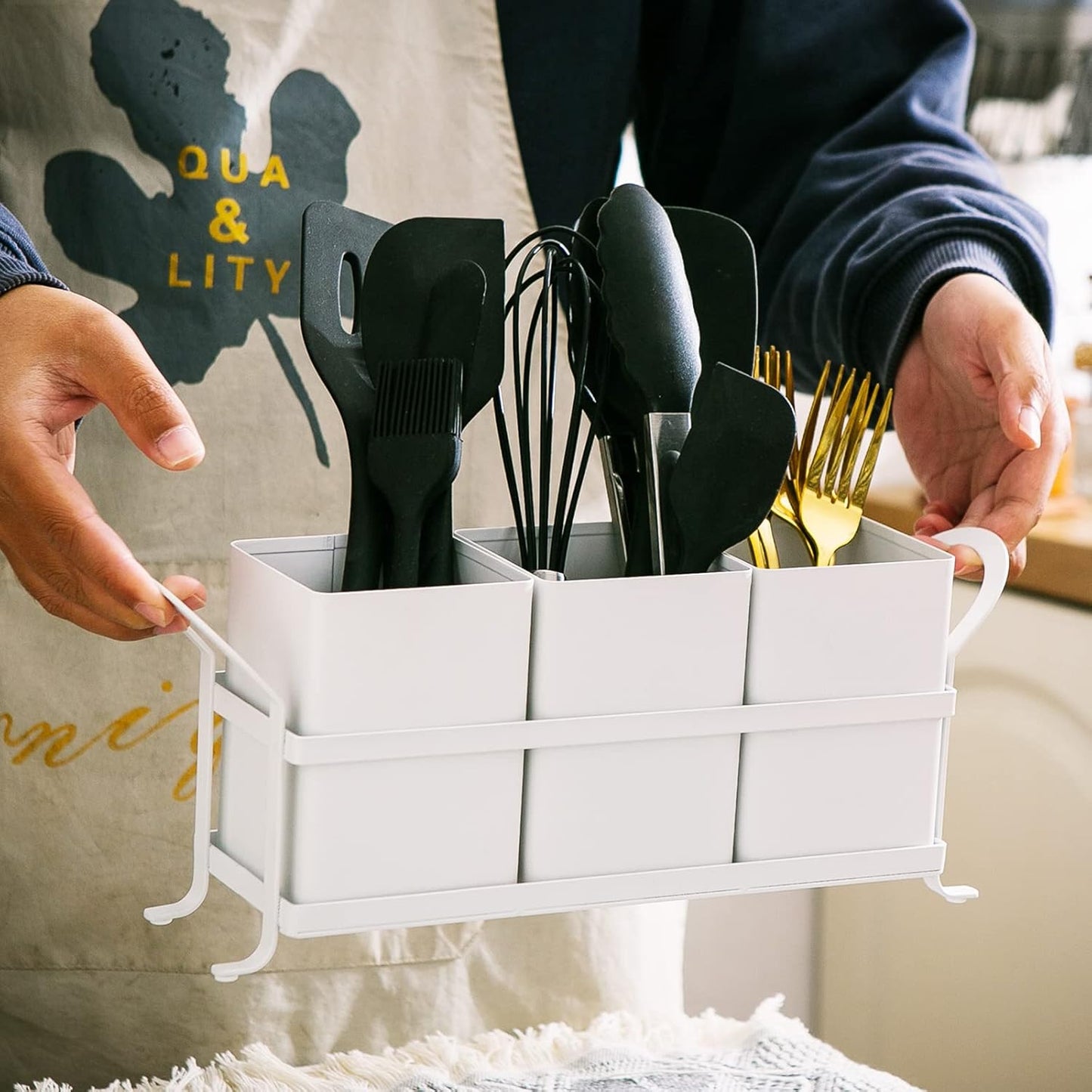 NelyBet Utensil Holder Silverware Caddy for Party Countertop, 3pcs Bins Set Silverware Caddy Organizer Holders for Spoon and Fork, White and Black