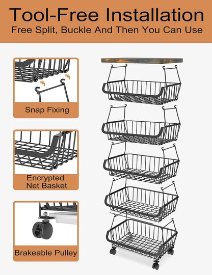 MURRI&MURRDI Fruit Vegetable Storage Basket with Wooden Lid, 6 Tier Stackable Wire Kitchen Cart with Wheels, Tall Produce Snack Racks Display, Narrow Rolling Cart for Pantry Onion Potato, Black