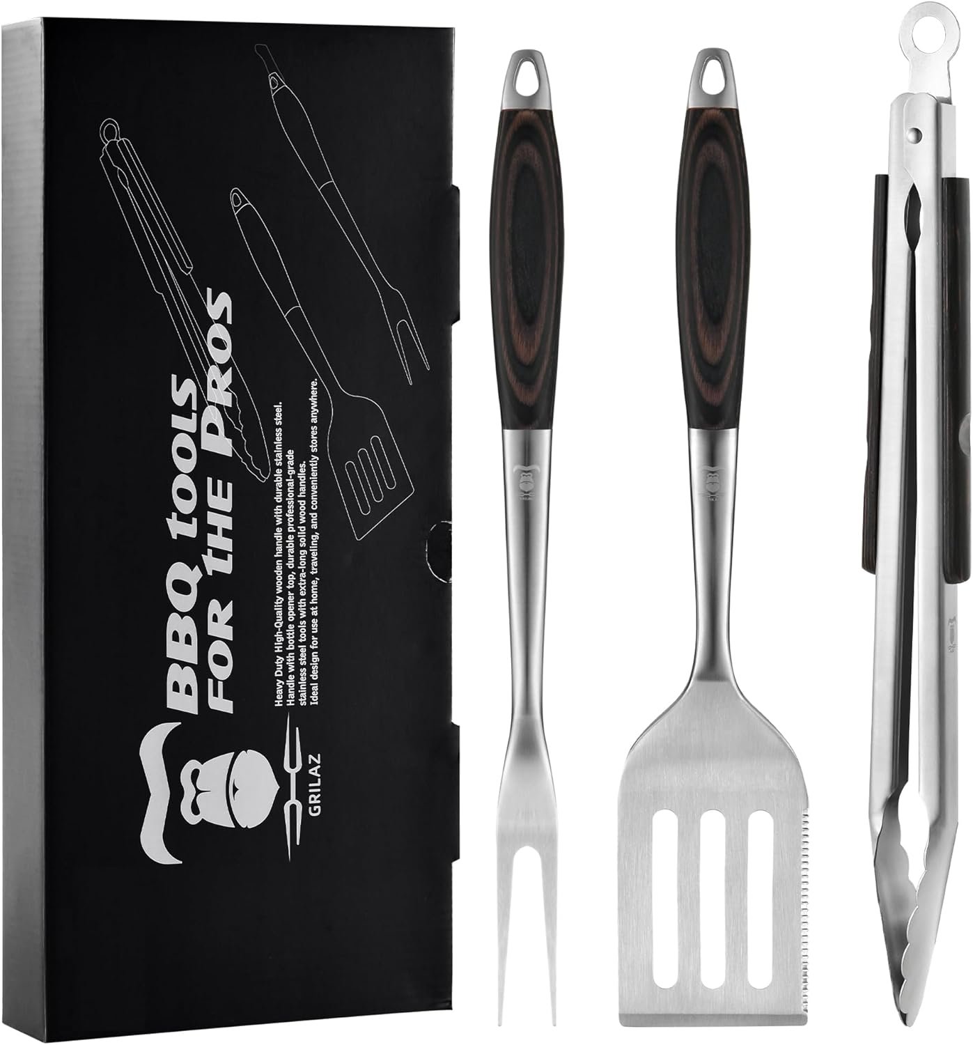 GRILAZ Heavy-Duty Rose Wooden BBQ Grilling Tools Set. Extra Thick Stainless Steel Multi-Function Spatula, Fork & Tongs | Essential Accessories for Barbecue & Grill. Ideal Gift for Father…