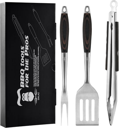 GRILAZ Heavy-Duty Rose Wooden BBQ Grilling Tools Set. Extra Thick Stainless Steel Multi-Function Spatula, Fork & Tongs | Essential Accessories for Barbecue & Grill. Ideal Gift for Father…