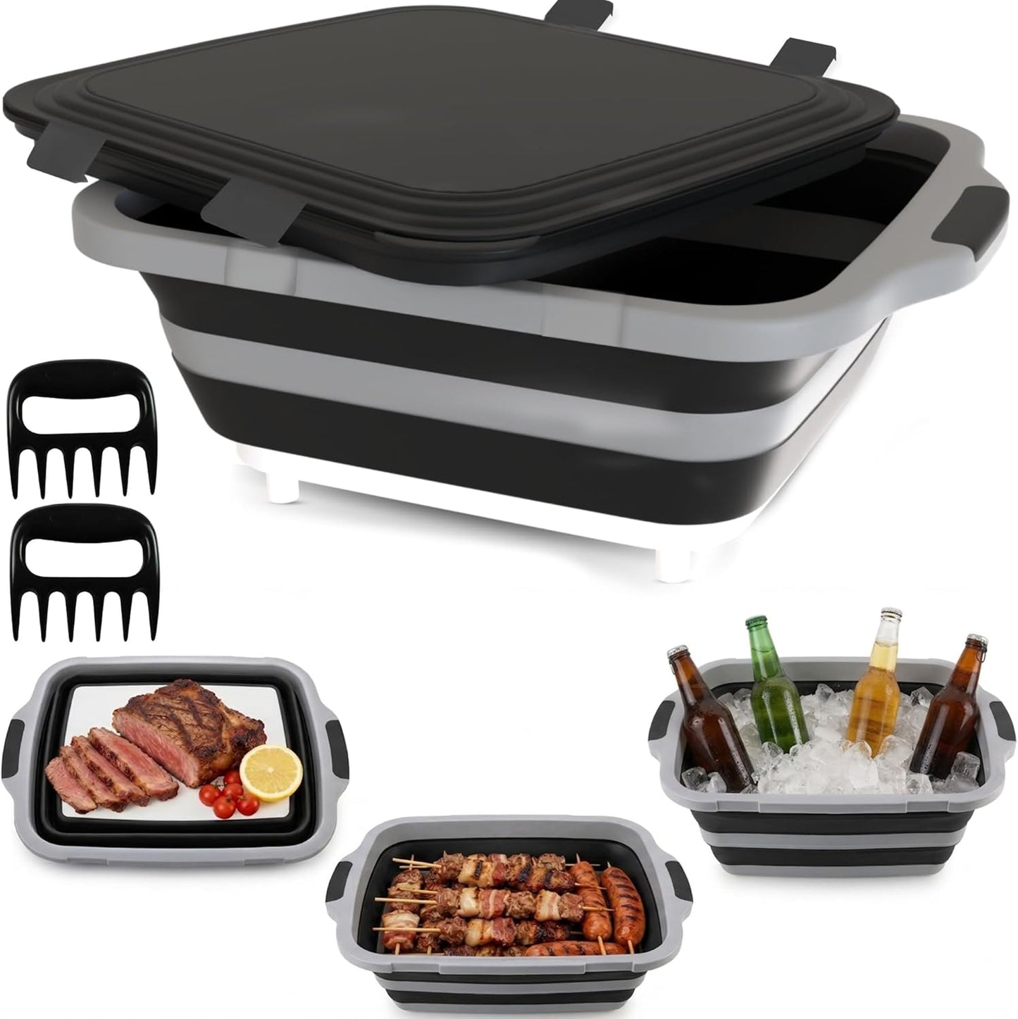 MAYALEAD BBQ Prep Tub with 2 Pcs Meat Shredder Claws, Collapsible Cutting Board, Cutting Board with Locking Lids, Drip Easy BBQ Prep Tub with lid-XL Size (Black)