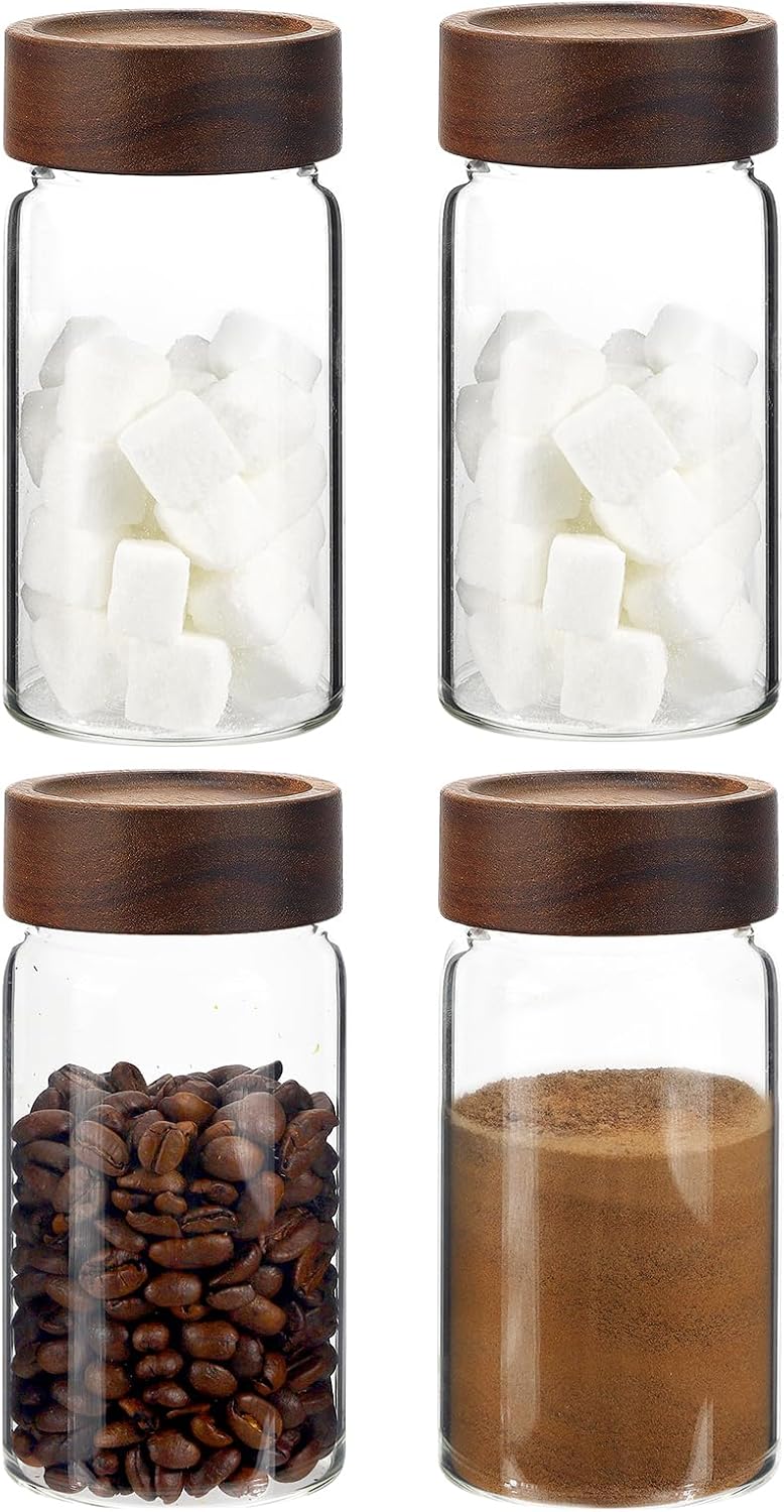 6 pc Glass Spice jars Glass Jars with Screw Lid 5 oz Acacia Wood Glass Herb Sugar Coffee Bean Ground Container Food Storage Canister for Candy Pantry Tea Seasoning Meal Prep Snack (6*150ml(5oz))