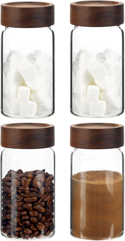 6 pc Glass Spice jars Glass Jars with Screw Lid 5 oz Acacia Wood Glass Herb Sugar Coffee Bean Ground Container Food Storage Canister for Candy Pantry Tea Seasoning Meal Prep Snack (6*150ml(5oz))