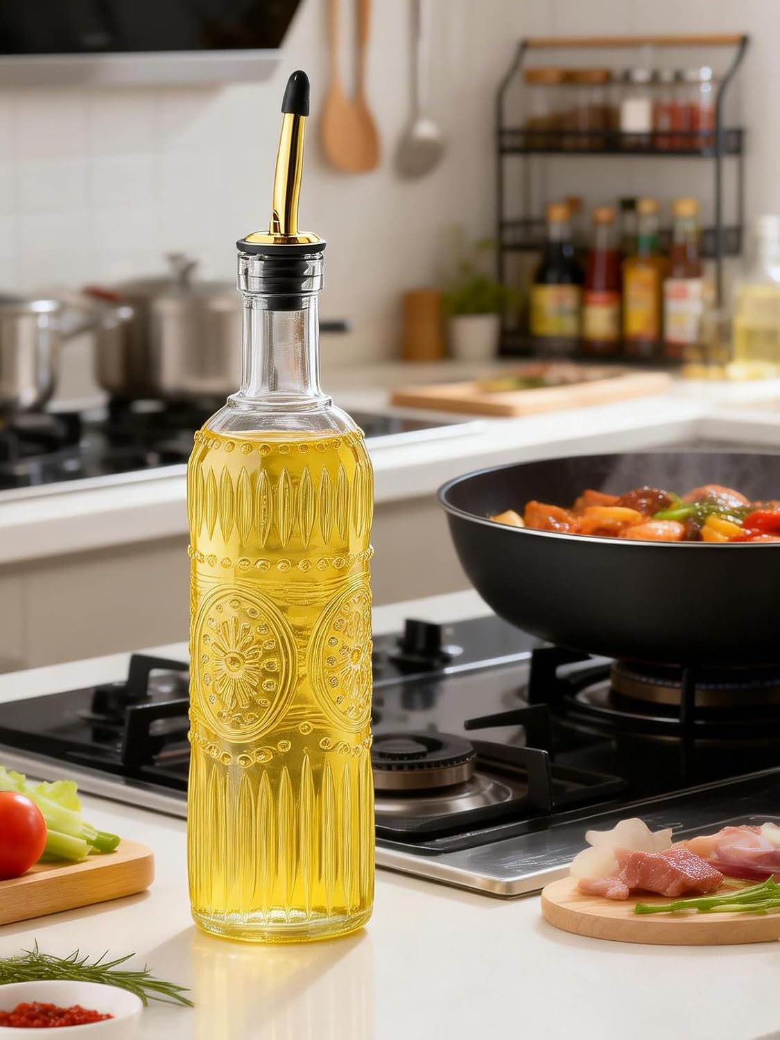 2 Pcs Olive Oil Dispenser Bottle for Kitchen,17oz Clear Glass Cooking Oil and Vinegar Dispenser Set, Coffee Syrup Dispenser with 2 Pourers and 1 Funnel (Two squares)