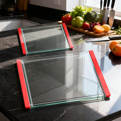 Tempered Glass Cutting Board Set for Kitchen Counter - Dishwasher Safe with Juice Grooves, Non-Slip Silicone Edges & Beveled Grip - 16"x12" & 12"x8" Serving Tray (Blue)