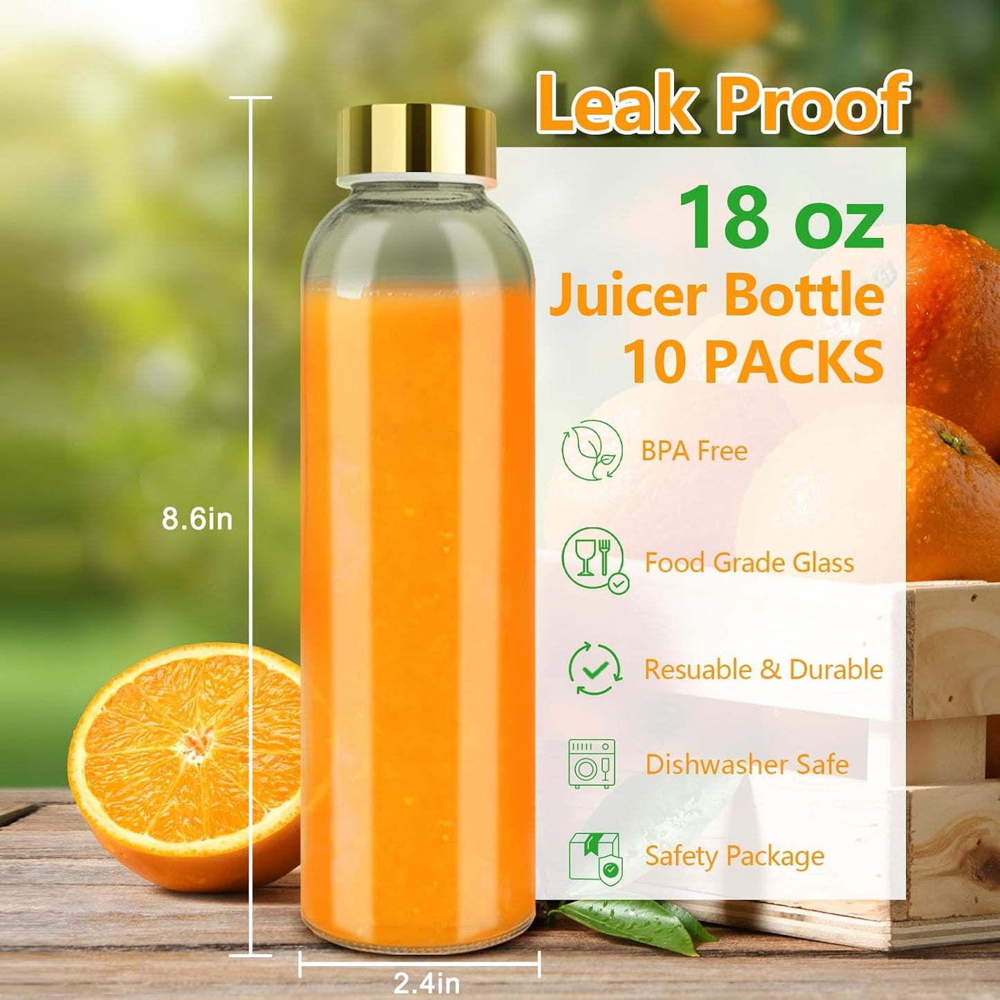 Zukro Glass Juice Bottles with Lids for Juicing 18 oz, Reusable Clear Glass Water Bottles with Stainless Steel Airtight Cap for Refrigerator, 100% Leak Proof Drinking Jar, BPA Free, Set of 6