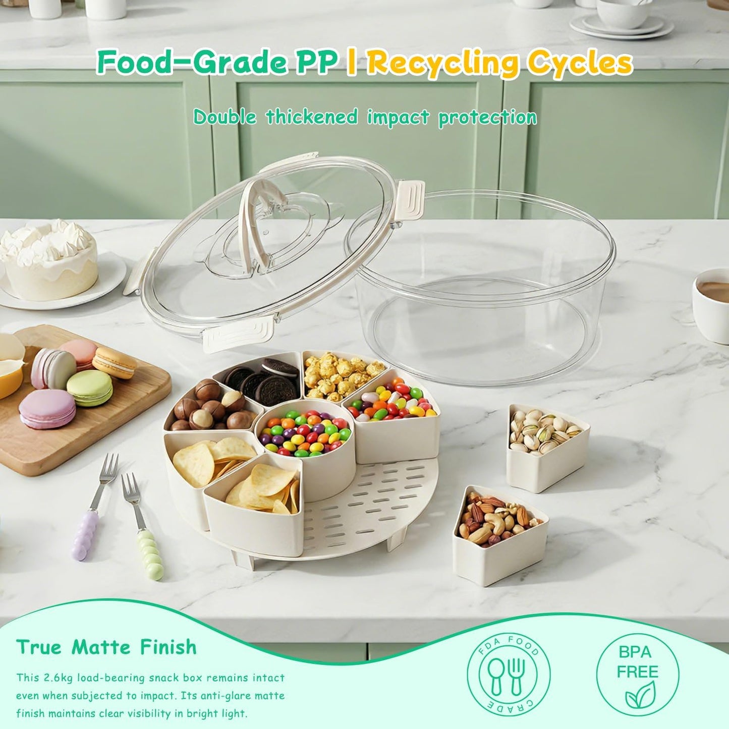 Divided Serving Tray with Lid and Handle, Rounded Snackle Box with 6 Compartments and Chill Base for Fruits, Candy, Veggie, Travel Snack Container with Portable Insulated Bag & Ice Cube Tray & 5 Forks