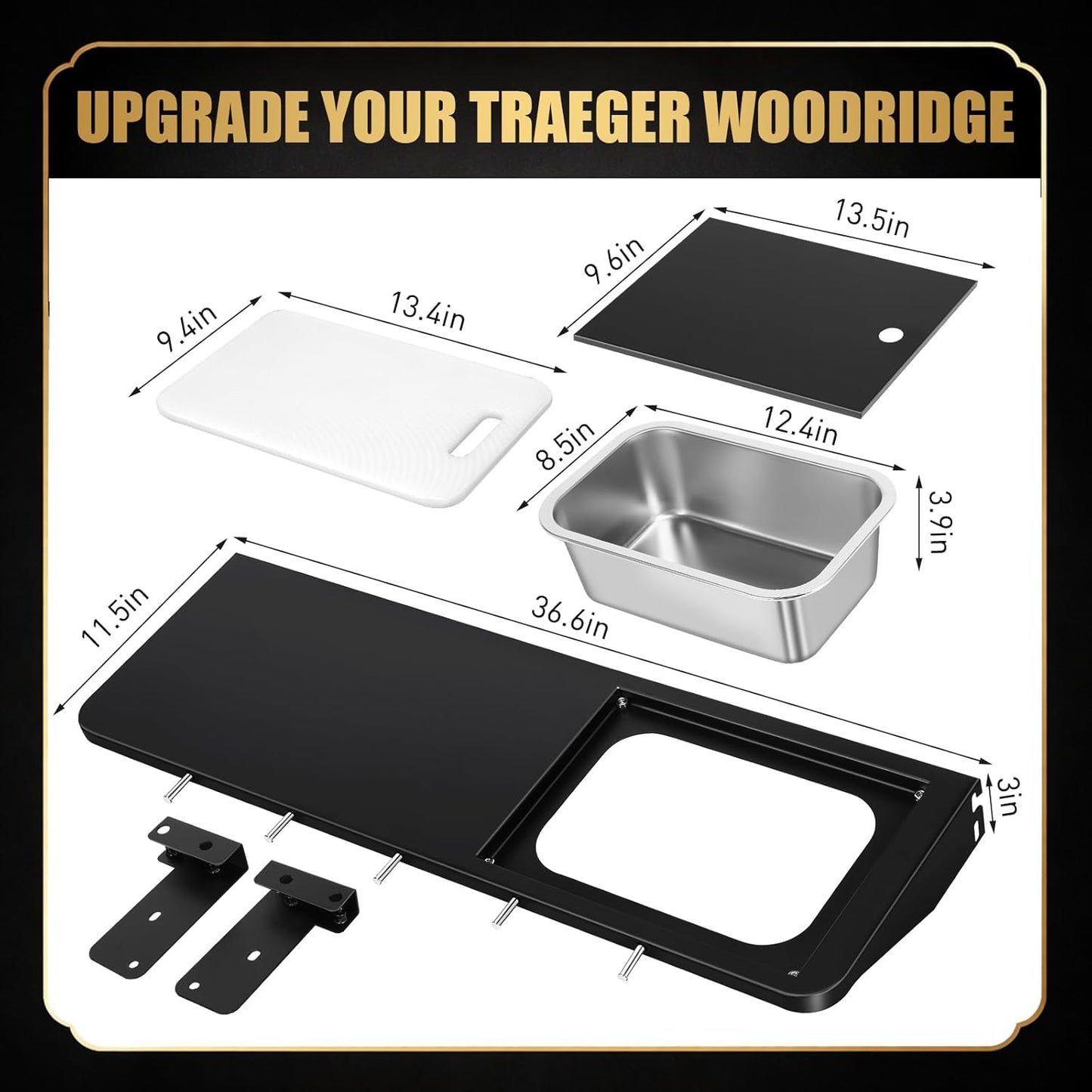QuliMetal Folding Front Shelf for Traeger Pro 34, Texas Elite 34, Century 885 and Eastwood 34, 37" x 12" Heavy-Duty Grill Prep Table with Cutting Board, Stainless Steel Basin, Lid and 5 Hooks