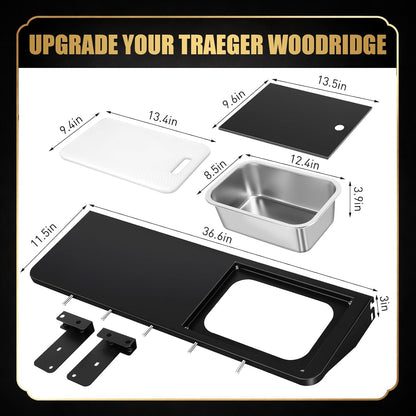 QuliMetal Folding Front Shelf for Traeger Pro 34, Texas Elite 34, Century 885 and Eastwood 34, 37" x 12" Heavy-Duty Grill Prep Table with Cutting Board, Stainless Steel Basin, Lid and 5 Hooks
