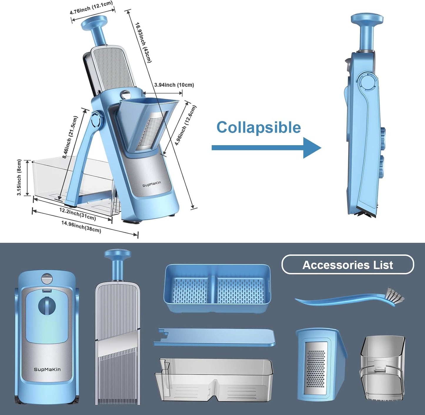 SupMaKin Upgrade Safe Mandoline Slicer Plus, Vegetable Chopper, Potato Slicer, Food Slicer Onion Chopper, Fry Cutter, Veggie Salad Dicer Kitchen Chopping Artifact Gifts (Blue)