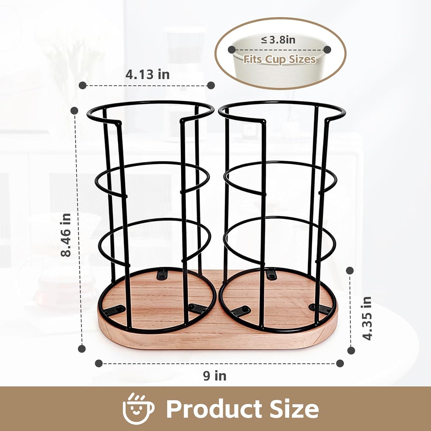 Metal 2-Compartment Coffee Cup Dispenser with Wood Base, Disposable Cup, and Lid Organizer for Countertop, Suitable for Gyms, Offices, Kitchens, Cafes（Black）