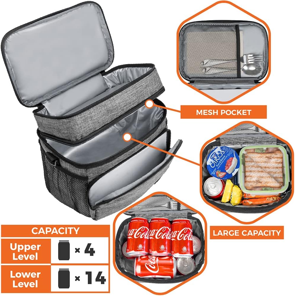 opux Insulated Lunch Bag for Men Women, Large Dual Compartment Cooler Bag, Soft Two Deck Lunch Box for Work School Picnic, Leakproof Lunch Tote with Shoulder Strap for Kid Adult (Purple, Double Deck)