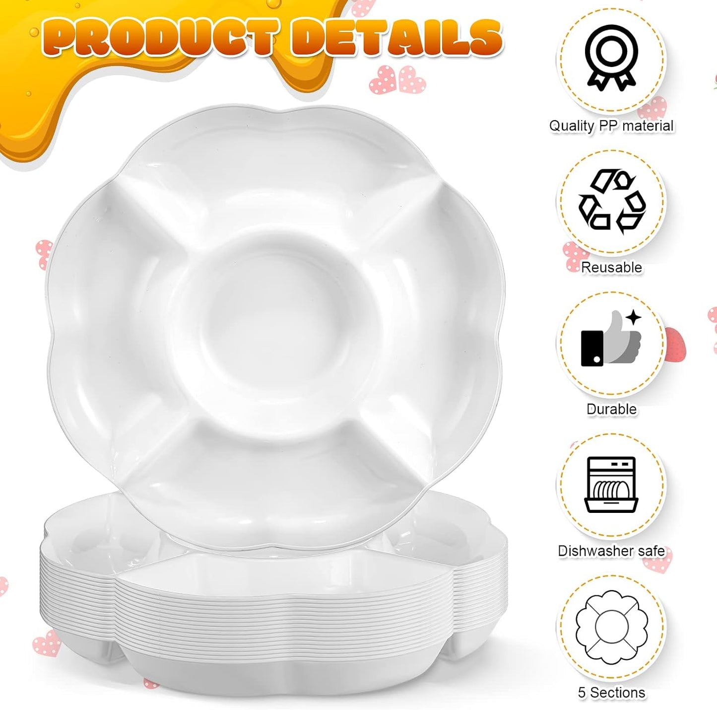 Zopeal 16 Pcs 5 Sectional Plastic Serving Tray Round Chip and Dip Serving Dish 10 Inch Fruit Veggie Platter Appetizer Plate with Dividers for Party Snack Candy Dish Platter(White)