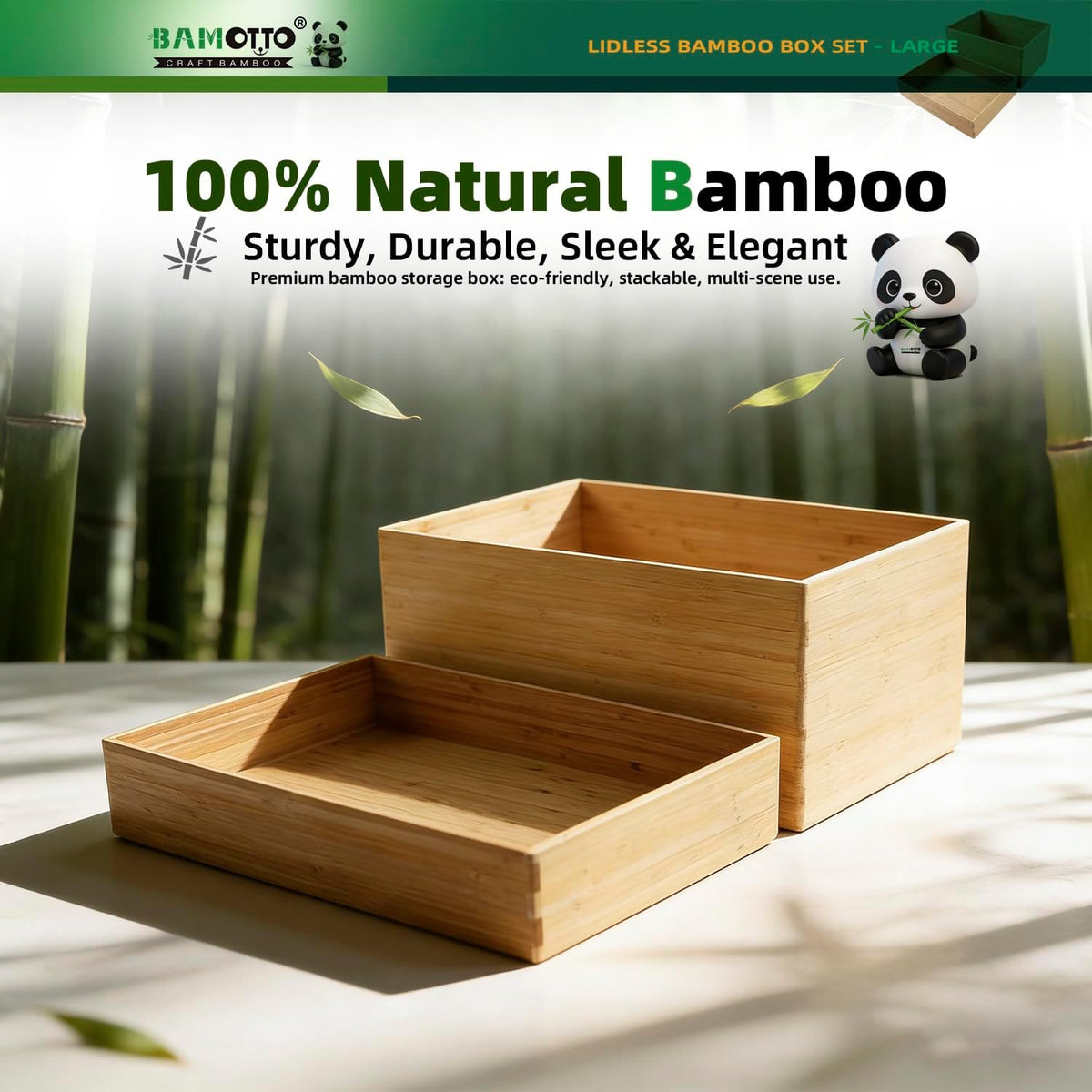 BAMOTTO CRAFTBAMBOO 2-Piece Large Bamboo Storage Box Set - 7.1in High Stackable Deep-Drawer Organizer, Lidless Bin for Kitchen Cutlery Utensils, Home & Office (14.6"x10.2"x7.1"+14.6"x10.2"x3.1")