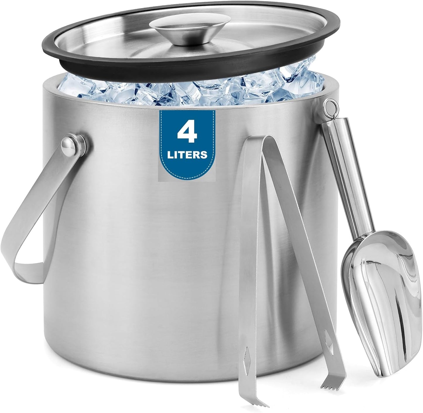 4L Stainless Steel Ice Bucket With Lid, Insulated Double-Wall Ice Buckets with Scoop & Tongs for Parties, Portable Ice Container for Chilled Champagne Wine Drink, Ideal for Home/Activities/Bar Freezer