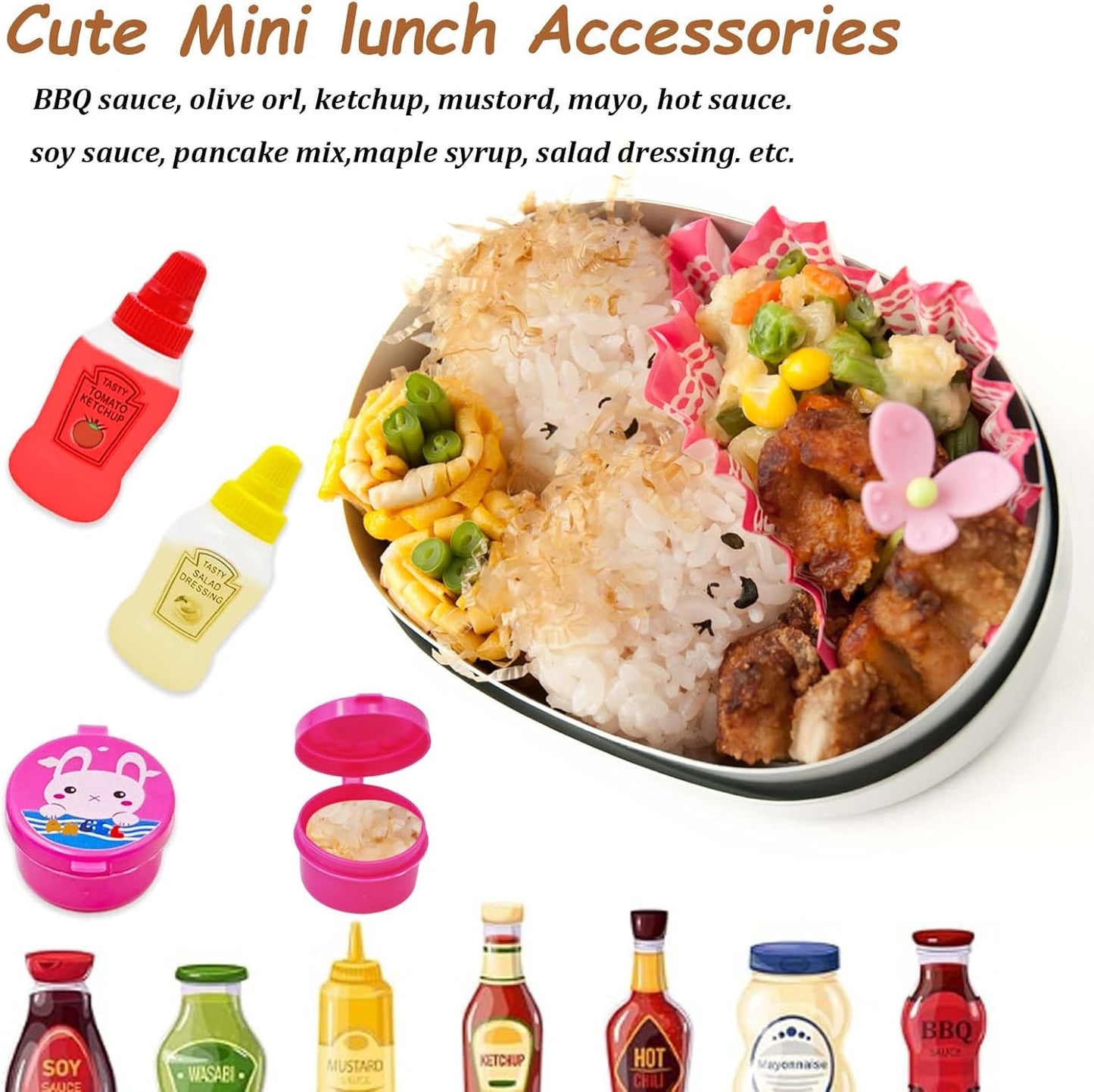 55 Pack Bento Box Accessories Set, Reusable Mini Condiment Bottles, Ketchup Squeeze Bottles & Animal Fruit Food Picks