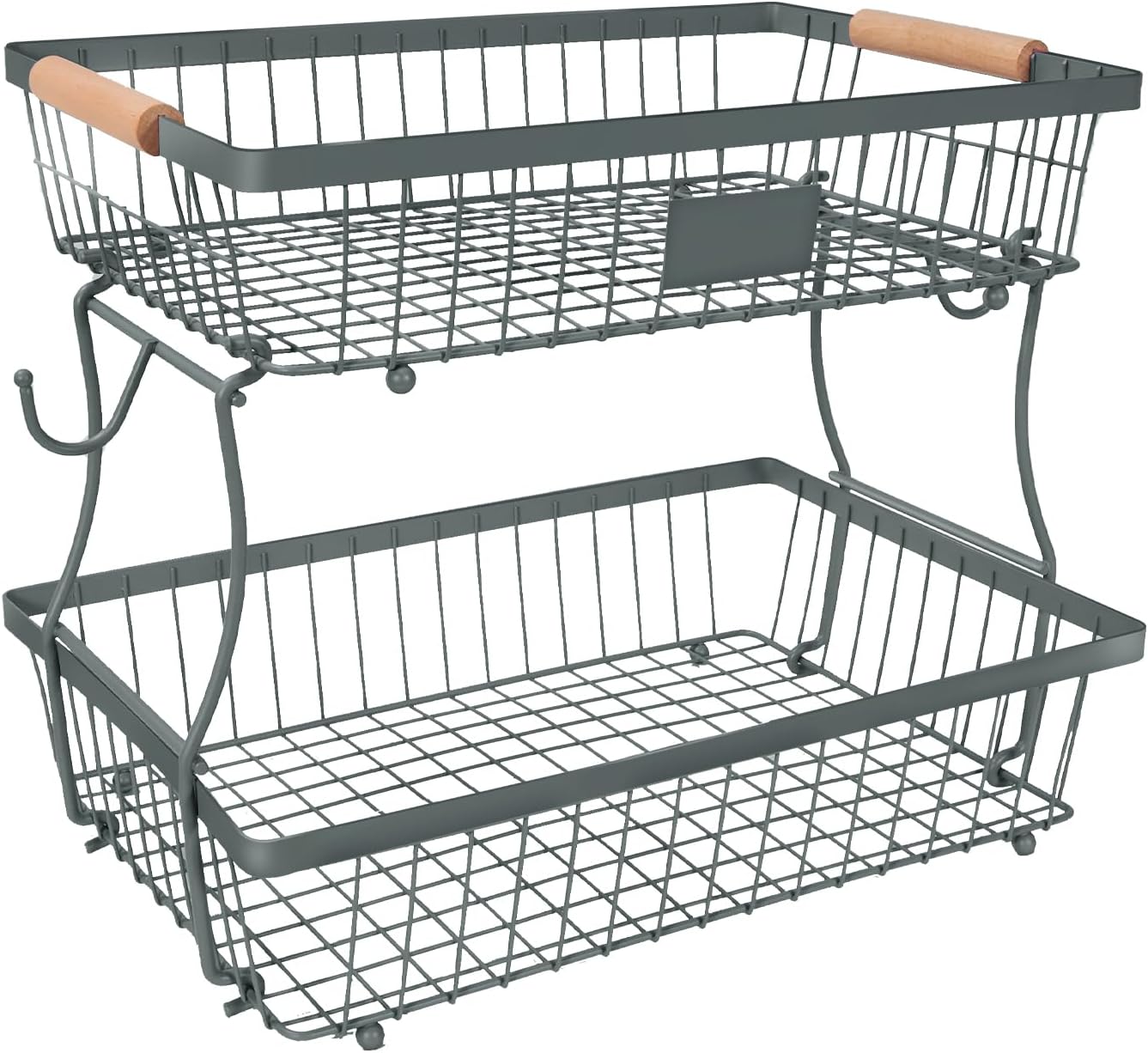 Fruit Basket Bowl 2 Tier Detachable with 2 Banana Hangers, Fruit Stand Holder for Kitchen Countertop, Metal Wire Vegetable Storage Organizer, for Bread Snack Veggies Produce, Black