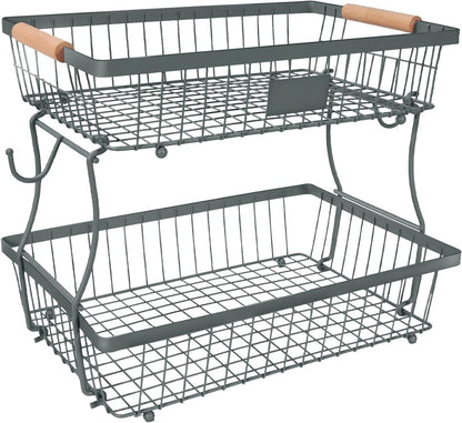 Fruit Basket Bowl 2 Tier Detachable with 2 Banana Hangers, Fruit Stand Holder for Kitchen Countertop, Metal Wire Vegetable Storage Organizer, for Bread Snack Veggies Produce, Black