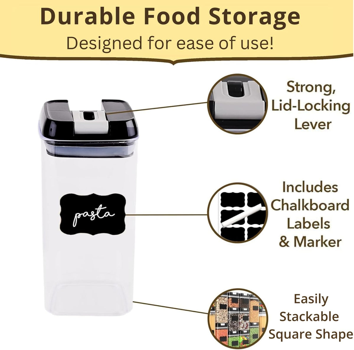 Simply Gourmet Airtight Flour and Sugar Containers with Lids – 3 Piece Kitchen Pantry Organization Set, BPA-Free Clear Plastic, Stackable Canisters for Baking Ingredients, Rice, Snacks, Cereal