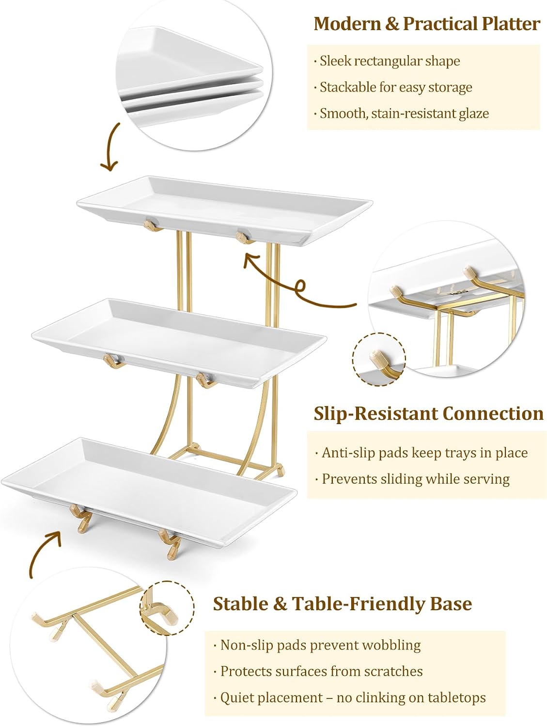 Yedio 3 Tier Serving Tray Set – 12 Inch Porcelain Serving Platters with Pre-Assembled Gold Metal Stand, No Installation Required, Tiered Tray for Dessert Fruit Food Display and Party Entertaining