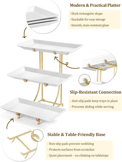 Yedio 3 Tier Serving Tray Set – 12 Inch Porcelain Serving Platters with Pre-Assembled Gold Metal Stand, No Installation Required, Tiered Tray for Dessert Fruit Food Display and Party Entertaining