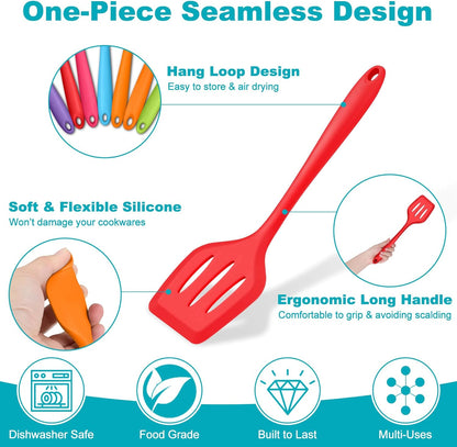 TeamFar Silicone Cooking Utensil Set of 7, Black Kitchen Nonstick Tools Turner Spoon Spatula Ladle Pasta Server for Nonstick Cookware, Healthy & One-Piece, Anti-Heat & Dishwasher Safe