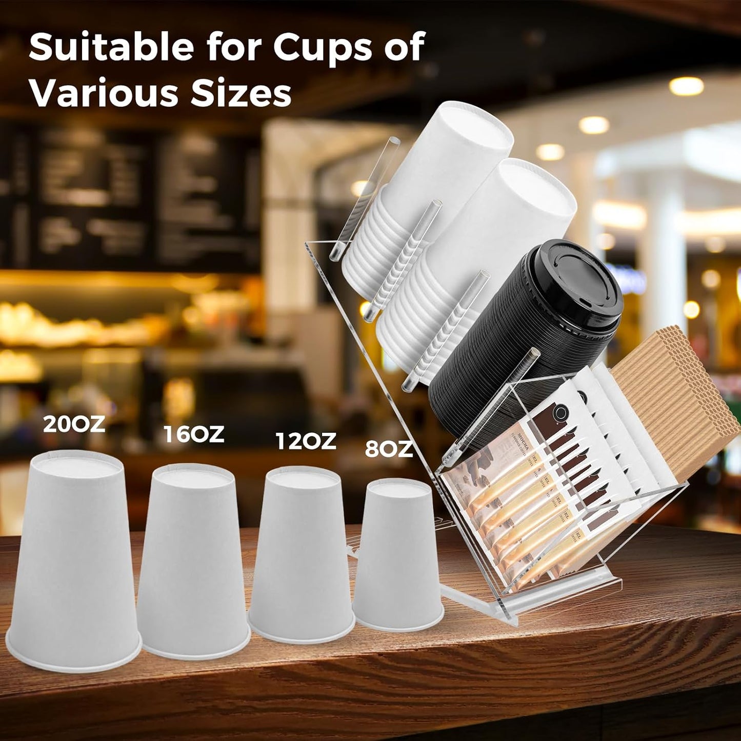 Acrylic Cup and Lid Holder, Adjustable Holder Organizer Disposable Cup Dispenser Stand with Coffee Pod, Creamer Straw Organizer Countertop for Coffee Bar Station Bakery Breakroom
