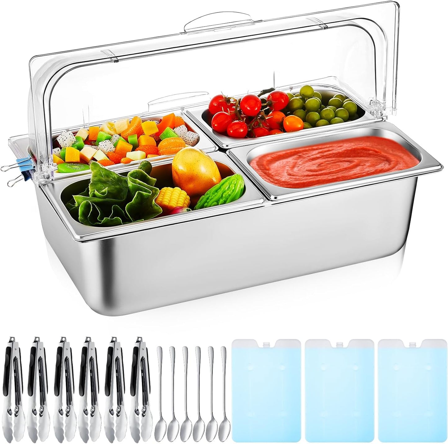 Condiment Tray Stainless Steel Serving Display Set with Lid for Buffet Restaurant Kitchen, Food Chilled Container for Salad Fruit Condiments, Keeps Food Fresh with Ice Box(6 Compartments)