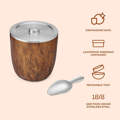S'well Stainless Steel Ice Bucket XL, 100oz, Teakwood, Includes Lid And Scoop, Triple Layered Vacuum Insulated Container Keeps Ice Colder for Longer, BPA Free Barware