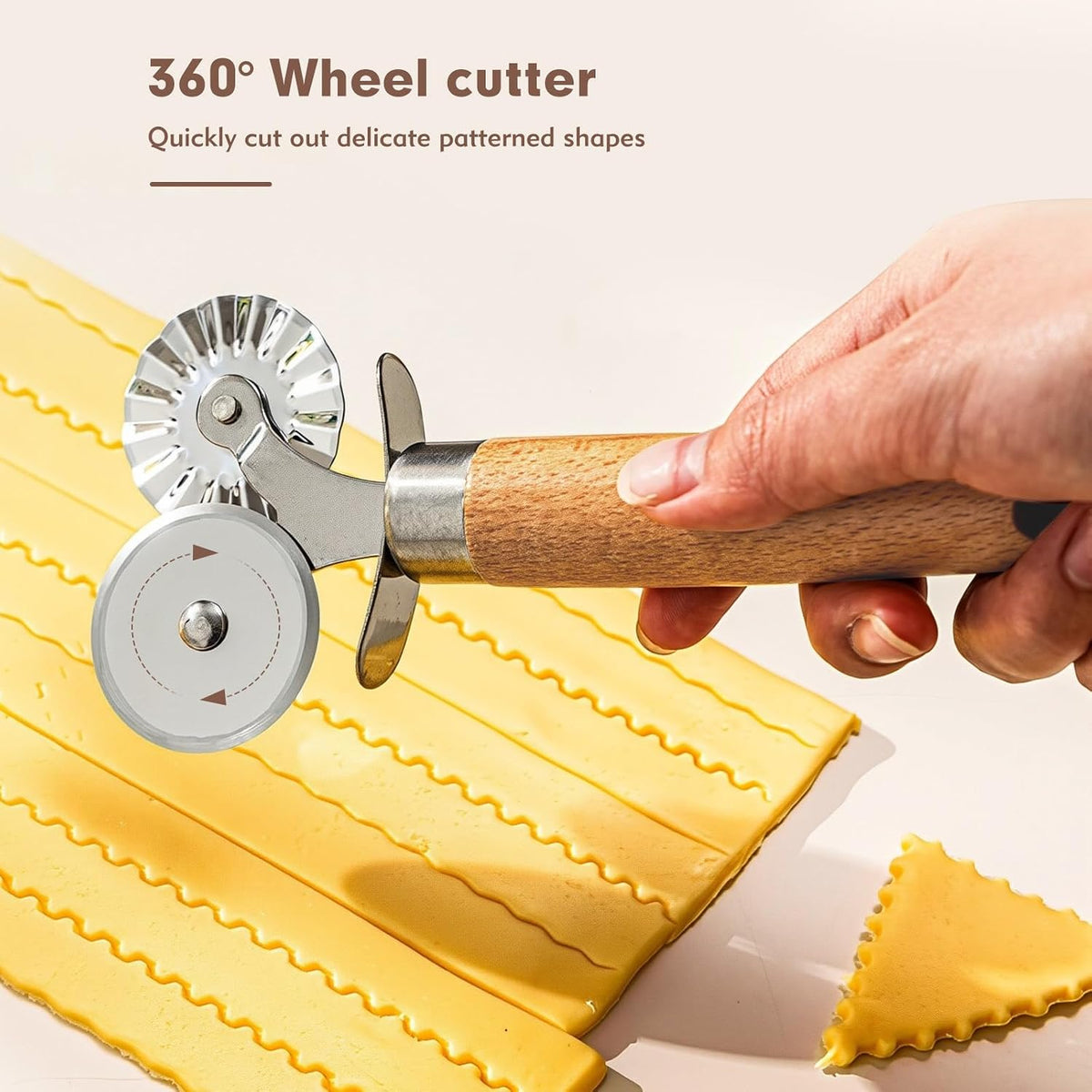 Pasta Cutter Wheel - Fluted Pastry Cutter Double Wheel Ravioli Cutter Tool with Wooden Handle for Pasta Pizza Ravioli Cookie