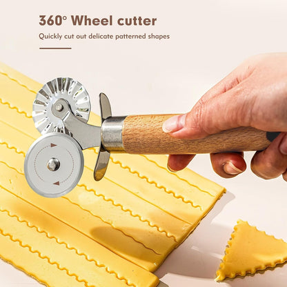 Pasta Cutter Wheel - Fluted Pastry Cutter Double Wheel Ravioli Cutter Tool with Wooden Handle for Pasta Pizza Ravioli Cookie